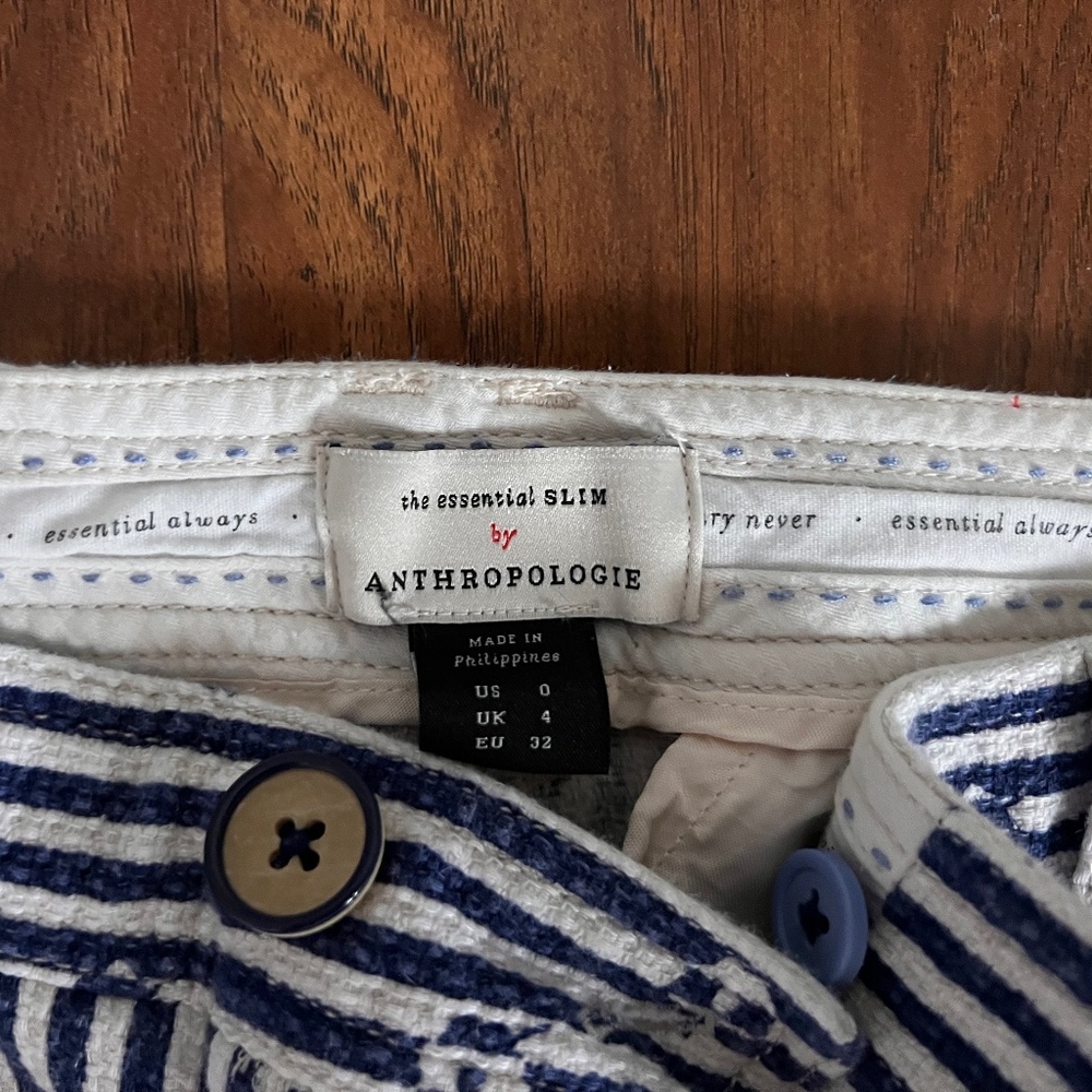 Anthropologie  Blue Stripe Pants with Flower Detail
